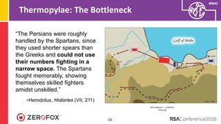 #RSAC
Thermopylae: The Bottleneck
10
“The Persians were roughly
handled by the Spartans, since
they used shorter spears than
the Greeks and could not use
their numbers fighting in a
narrow space. The Spartans
fought memorably, showing
themselves skilled fighters
amidst unskilled.”
-Herodotus, Histories (VII, 211)
Brian Martens – 11/8/2012
livius.org
 