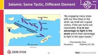 #RSAC
Salamis: Same Tactic, Different Element
11
“By engaging many ships
with our few ships in the
strait, we shall win a great
victory. If the war turns out
reasonably, it is to our
advantage to fight in the
strait and to their advantage
to fight in the open ocean.”
- Themistocles, from:
Herodotus, Histories (VII, 60)
www.arsbellica.it
 