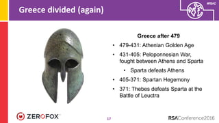 #RSAC
Greece divided (again)
17
Greece after 479
• 479-431: Athenian Golden Age
• 431-405: Peloponnesian War,
fought between Athens and Sparta
• Sparta defeats Athens
• 405-371: Spartan Hegemony
• 371: Thebes defeats Sparta at the
Battle of Leuctra
 