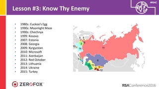 #RSAC
Lesson #3: Know Thy Enemy
• 1980s: Cuckoo’s Egg
• 1990s: Moonlight Maze
• 1990s: Chechnya
• 1999: Kosovo
• 2007: Estonia
• 2008: Georgia
• 2009: Kyrgyzstan
• 2010: Microsoft
• 2011: Azerbaijan
• 2012: Red October
• 2013: Lithuania
• 2014: Ukraine
• 2015: Turkey
 