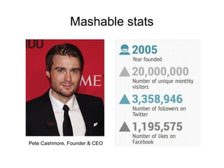 Pete Cashmore, Founder & CEO
Mashable stats