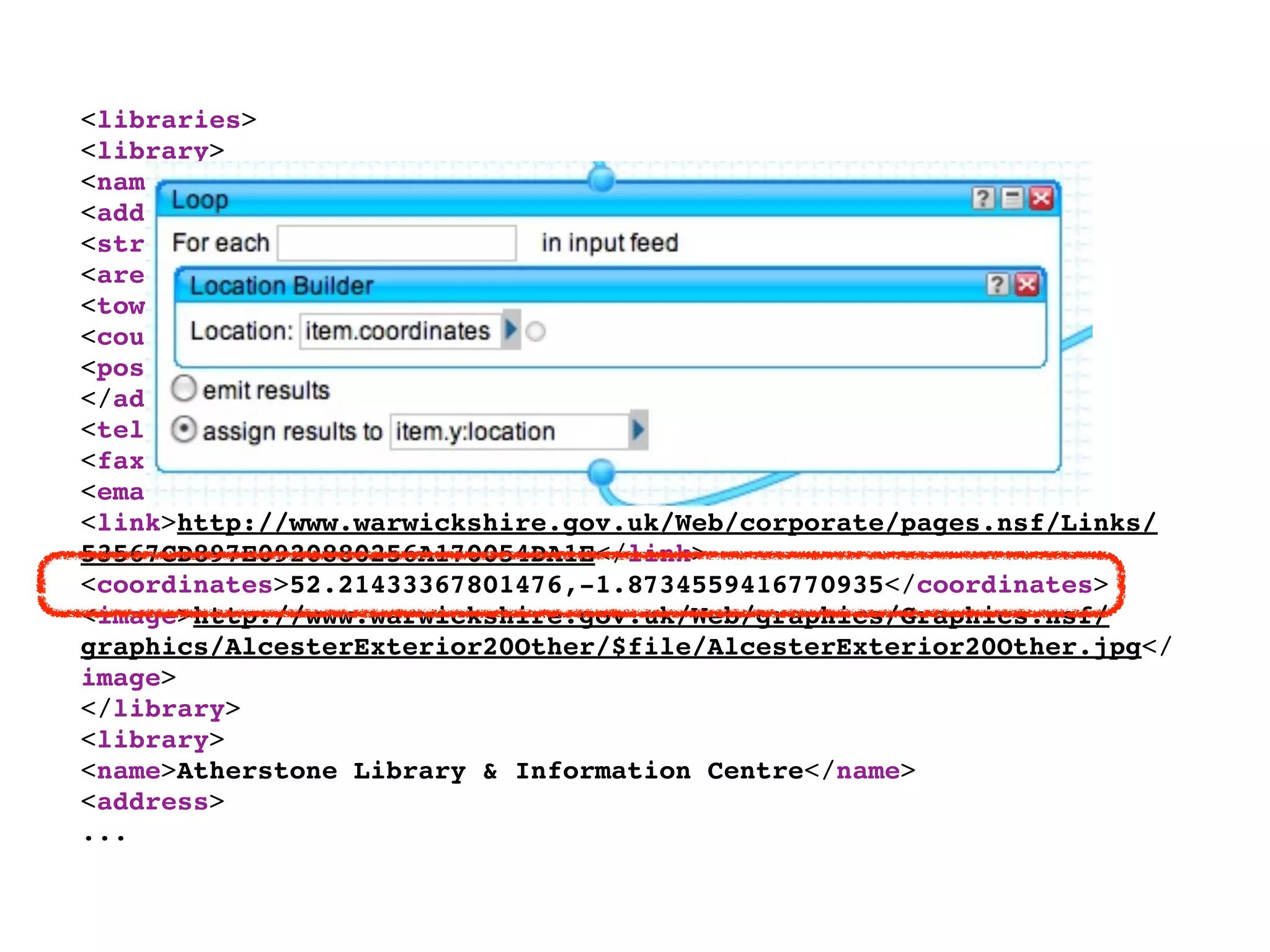 <libraries>
<library>
<name>Alcester Library & Information Centre</name>
<address>
<street>Priory Road</street>
<area>Alcester</area>
<town_city/>
<county>Warwickshire</county>
<postcode>B49 5DZ</postcode>
</address>
<telno>01789 762 430</telno>
<faxno>01789 762 430</faxno>
<email>alcesterlibrary@warwickshire.gov.uk</email>
<link>http://www.warwickshire.gov.uk/Web/corporate/pages.nsf/Links/
53567CD897E0920880256A170054DA1E</link>
<coordinates>52.21433367801476,-1.8734559416770935</coordinates>
<image>http://www.warwickshire.gov.uk/Web/graphics/Graphics.nsf/
graphics/AlcesterExterior20Other/$file/AlcesterExterior20Other.jpg</
image>
</library>
<library>
<name>Atherstone Library & Information Centre</name>
<address>
...
 