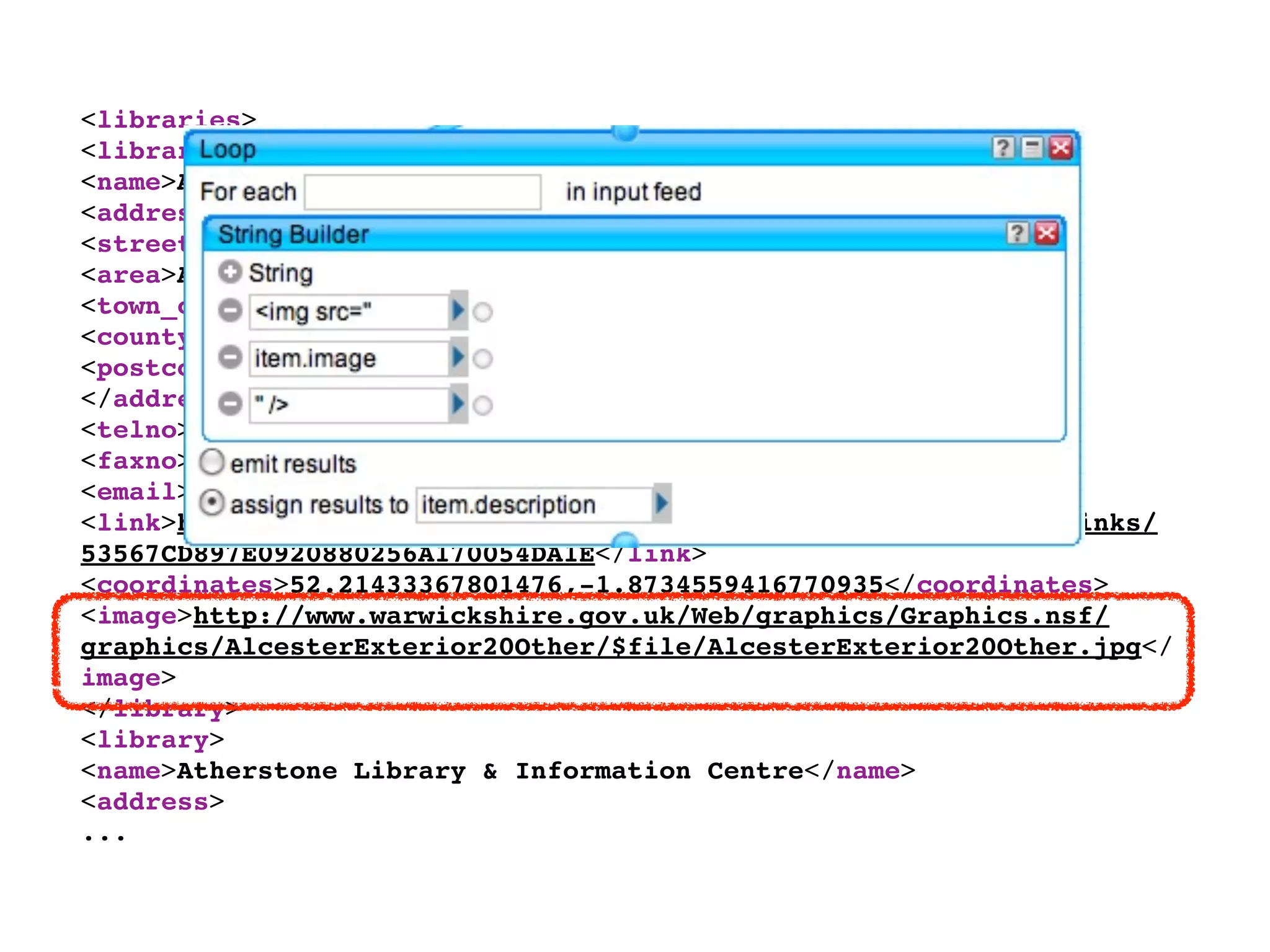 <libraries>
<library>
<name>Alcester Library & Information Centre</name>
<address>
<street>Priory Road</street>
<area>Alcester</area>
<town_city/>
<county>Warwickshire</county>
<postcode>B49 5DZ</postcode>
</address>
<telno>01789 762 430</telno>
<faxno>01789 762 430</faxno>
<email>alcesterlibrary@warwickshire.gov.uk</email>
<link>http://www.warwickshire.gov.uk/Web/corporate/pages.nsf/Links/
53567CD897E0920880256A170054DA1E</link>
<coordinates>52.21433367801476,-1.8734559416770935</coordinates>
<image>http://www.warwickshire.gov.uk/Web/graphics/Graphics.nsf/
graphics/AlcesterExterior20Other/$file/AlcesterExterior20Other.jpg</
image>
</library>
<library>
<name>Atherstone Library & Information Centre</name>
<address>
...
 