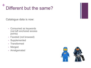 +
    Different but the same?

    Catalogue data is now:


        Consumed as keywords
         (not left anchored access
         points)
        Faceted (not browsed)
        Supplemented
        Transformed
        Merged
        Amalgamated
 