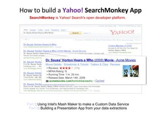 How to build a  Yahoo!  SearchMonkey App SearchMonkey  is Yahoo! Search's open developer platform. Part I : Using Intel's Mash Maker to make a Custom Data Service Part II : Building a Presentation App from your data extractions 