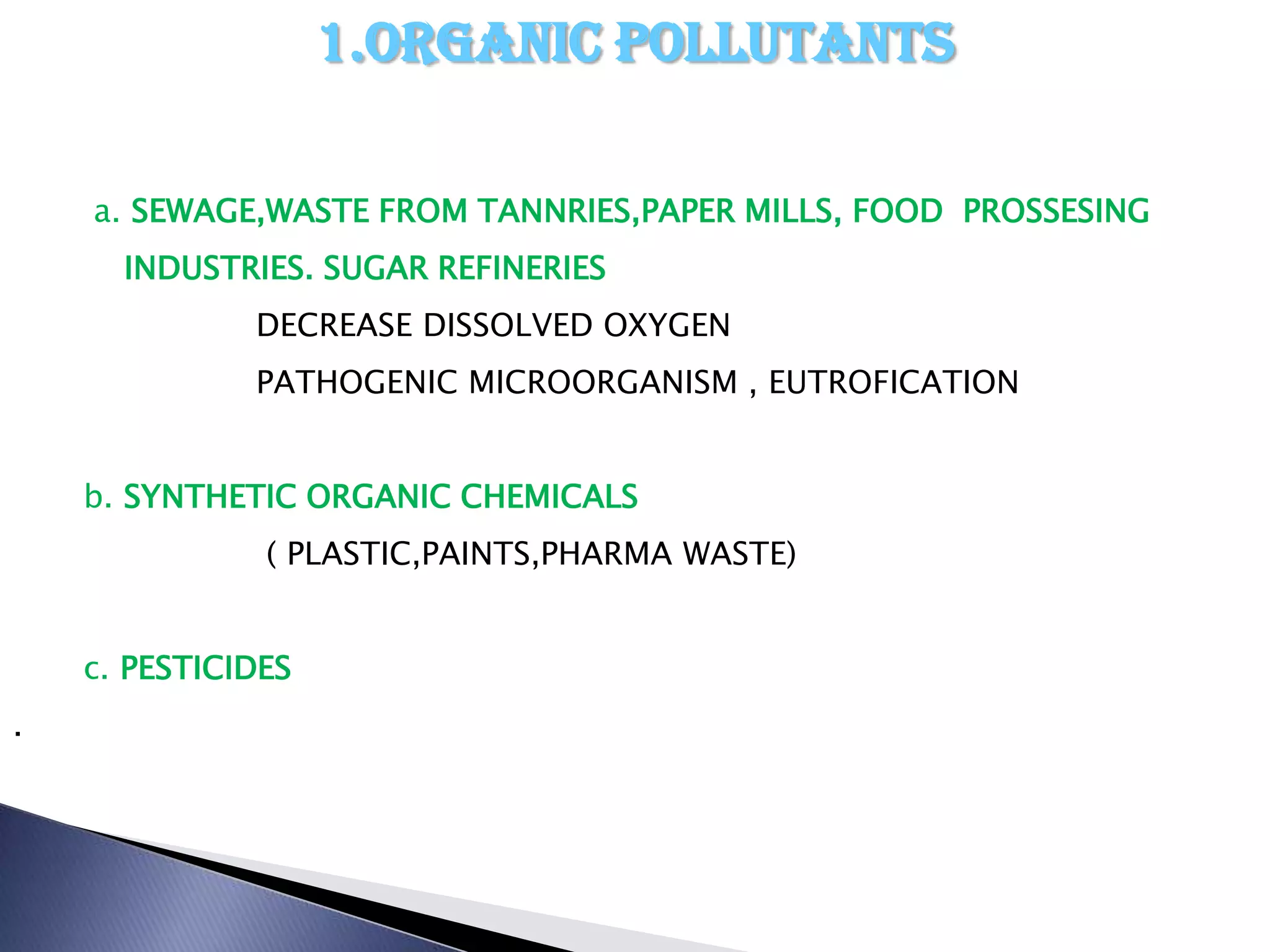 1.ORGANIC POLLUTANTS

    a. SEWAGE,WASTE FROM TANNRIES,PAPER MILLS, FOOD PROSSESING
      INDUSTRIES. SUGAR REFINERIES
              DECREASE DISSOLVED OXYGEN
              PATHOGENIC MICROORGANISM , EUTROFICATION


    b. SYNTHETIC ORGANIC CHEMICALS
               ( PLASTIC,PAINTS,PHARMA WASTE)


    c. PESTICIDES
.
 
