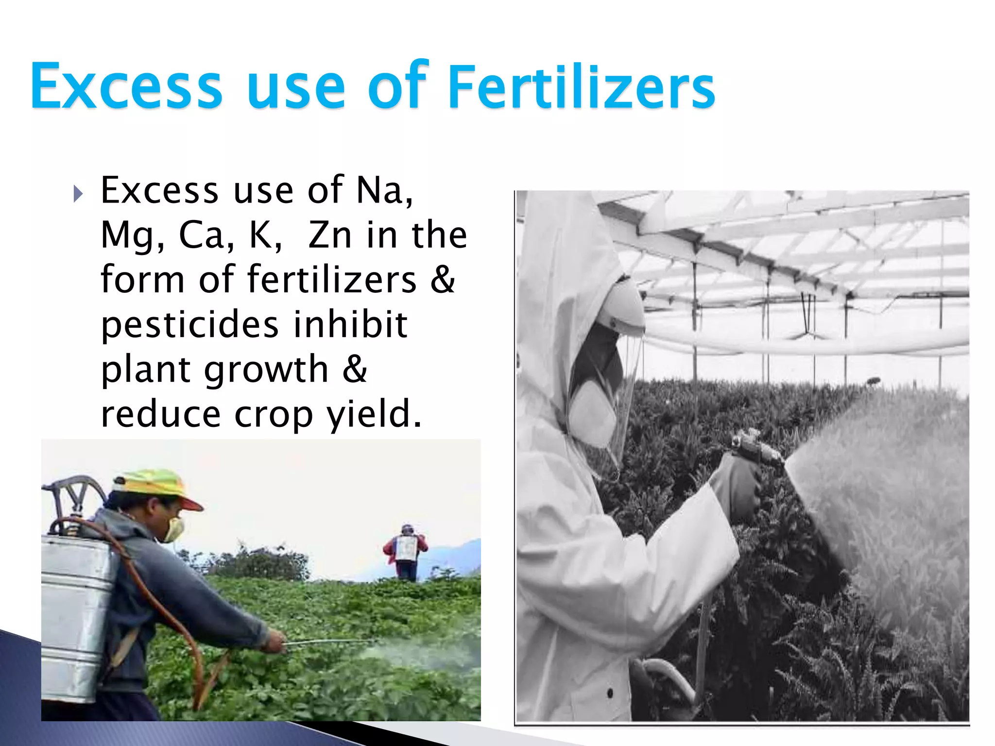 Excess use of Fertilizers
    Excess use of Na,
     Mg, Ca, K, Zn in the
     form of fertilizers &
     pesticides inhibit
     plant growth &
     reduce crop yield.
 