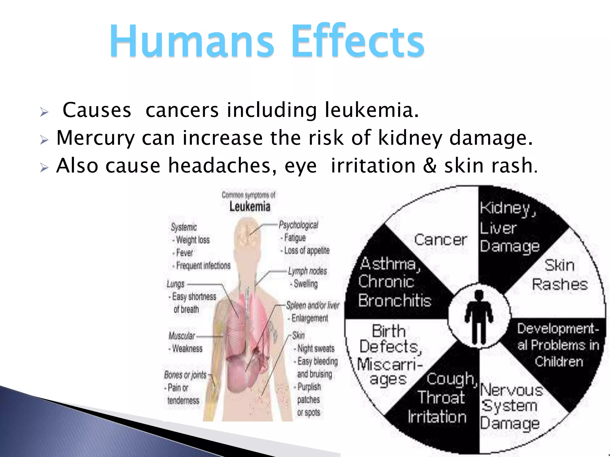 Humans Effects
 Causes cancers including leukemia.
 Mercury can increase the risk of kidney damage.

 Also cause headaches, eye irritation & skin rash.
 