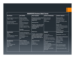 MASHPOTATO Business Model Canvas
Key Partners                 Key Activities                 Value Proposition                Customer Relationships           Customer Segments

Deal Management System for   Platform building:             “Restaurants and Gear Rated Online Web-App                        Restaurant Pros:
“Offers” (DMS)               simple log-in process          by Restaurant Pros for      Mobile Website                        Chefs, Restaurateurs,
                             ready-to-curate content        Regular Joes”               Email                                 Bartenders, Servers,
Foursquare (Database)        (Gear)                                                     Social Media                          Sommeliers, Baristas, food
Amazon (E-Store)             implement Restaurant           Restaurant Pros:                                                  Bloggers
Answers.com (Distribution)   database Social/game
                             mechanics                      “Finally, an easy way to build                                    Regular Joes:
                             integrate social sharing       a following and/or do more                                        People unsatisfied by review
                             integrate (DMS) for “offers”   business with less                                                apps like Yelp & UrbanSpoon
                                                            complexity”                                                       Urbanite “foodies”
                             Branding:                                                                                        followers of
                             front end UI development                                                                         Chefs/Restaurants
                                                            Regular Joes:
Cost Structure                                                                               Channels                         Revenue Stream
                             Customer Development:
AWS
                             presentations to Beta market   “Finally, a recommendation
Hosting                                                                                      Answers.com                      Joes & Pros: Free to use
                             organizations                  engine for WHY you should
Deal Management software                                                                     Hospitality Conference
                             Landing pages/Funnel           patronize a Restaurant or
license (Rev Share)                                                                          Seminars                         Subscription for Restaurants:
                             Social Media                   buy certain kitchen Gear on
                                                                                             Canadian/US Fed Chefs de         $10 +++/month
                             SEO                            line”
                                                                                             Cuisine; Chef’s Table Society    DMS for “Offers”
                                                                                             etc.                             Enhanced Profile
Key Resources                Market Validation:             Outcomes for Both:
                                                                                             CFRA/USRA & their online         Media Kit
Domain                       Vancouver Beta (closed)        status
                                                                                             resources                        Customer Data
Branding                     Los Angeles Beta (closed)      recognition
                                                                                             Food/Dining Blogs
Web front/back end           Key City Beta (open)           economic value
                                                                                             Social media followers of Pros   Open Table Reservation
Game engine                                                                                  and Food Bloggers                Commission $1.50/seat
CMS                                                                                          Affiliate Sites
                                                                                             Social media marketing           E-Store Commissions 15%
                                                                                             SEO, SEM
 