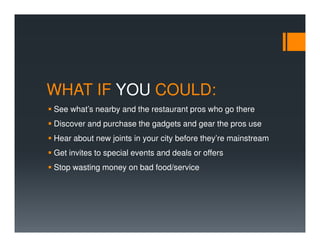 WHAT IF YOU COULD:
See what’s nearby and the restaurant pros who go there
Discover and purchase the gadgets and gear the pros use
Hear about new joints in your city before they’re mainstream
Get invites to special events and deals or offers
Stop wasting money on bad food/service
 