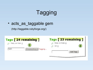Tagging acts_as_taggable gem  (http://taggable.rubyforge.org/)   
