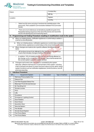 Testing & Commissioning Checklists and Templates
EPM-KT0-RG-000007 Rev 002 Level - 3-E- External Page 104 of 118
Electronic documents once printed, are uncontrolled and may become out-dated. Refer to ECMS for current revision.
This Document is the ex
clusiv
e property of Mashroat and is subject to the restrictions set out in the Im
portant Notice contained in this Docum
ent.
Client:
Contract No. :
MS No. :
Location:
System :
Unit No. :
Select any fire zone and plug in handsetinto available jacks in the
same zone.Then establish communication between Fire Command
Centre.
There are sixsimultaneous conversations possible ata given time.
Repeatthe testing sequence in the restof the Zones and record the
resultin the testing and commissioning report.
H. Programming and Testing Procedure resulting in modification made to the system
a) When an initiating device, notification appliance or control relay is added,it
shall be functionallytested.
b) When an initiating device, notification appliance or control relay is deleted,
another device, appliance or control relay on the circuit shall be operated.
c) When changes are made to site- specific software,the following shall
apply.
All functions known to be affected by the changes or identified bya
means thatindicates changes shall be 100% tested.
In addition,10% of initiating devices that are not directly affected by
the change,up to a maximum of50 devices, also shall be tested and
the correct system operation shall be verified.
d) Changes to all control units connected or controlled by the system
executive software shall require a 10 percenttest of the system,including
a test of at leastone device on each inputand outputcircuit to verify critical
system functions such as notification appliances,control functions,and off-
premises reporting
I. Interface Procedure
S/N Equipment/System Description Type of interface Comments Pass/Fail
1 Staircase Pressurization Fan
2 Exhaust Fan
3 Car Park Supply& Extract Fan
4 Motorized Fire & Smoke Damper
5 Air Handling Unit
6 Smoke Louvres
7 FCU
8 Lifts
9 Escalators
10 Emergency/ Lighting Control
11 Door Holders
12 Door Closer
13 Accordion Door
14 Security System
15 Fire Shutter
16 Smoke Guard System
17 Fire Pump Status
18 Fire Pump Status
 