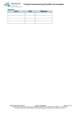 Testing & Commissioning Checklists and Templates
SIGN OFF:
EPM-KT0-RG-000007 Rev 002 Level - 3-E- External Page 106 of 118
Electronic documents once printed, are uncontrolled and may become out-dated. Refer to ECMS for current revision.
This Document is the ex
clusiv
e property of Mashroat and is subject to the restrictions set out in the Im
portant Notice contained in this Docum
ent.
Name Date Signature
 