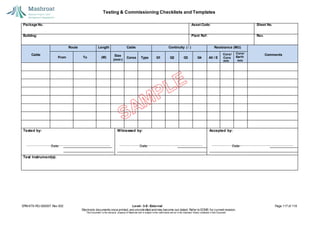 Testing & Commissioning Checklists and Templates
EPM-KT0-RG-000007 Rev 002 Level - 3-E- External Page 117 of 118
Electronic documents once printed, are uncontrolled and may become out-dated. Refer to ECMS for current revision.
This Document is the ex
clusiv
e property of Mashroat and is subject to the restrictions set out in the Im
portant Notice contained in this Docum
ent.
Package No. Asset Code: Sheet No.
Building: Plant Ref: Rev.
Route Length Cable Continuity (√ ) Resistance (MΩ)
Core/
Earth
min
Tested by:
Date:
Witnessed by:
Date:
Accepted by:
Date:
Test Instrument(s):
Cable Core/
Core
min
Comments
From To (M)
Size
(mm2
)
Cores Type G1 G2 G3 G4 All / E
 