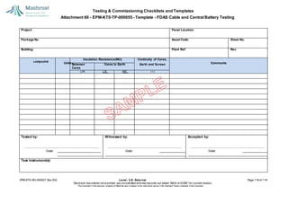 Testing & Commissioning Checklists and Templates
Attachment 60 - EPM-KT0-TP-000055 - Template - FDAS Cable and Central Battery Testing
EPM-KT0-RG-000007 Rev 002 Level - 3-E- External Page 118 of 118
Electronic documents once printed, are uncontrolled and may become out-dated. Refer to ECMS for current revision.
This Document is the ex
clusiv
e property of Mashroat and is subject to the restrictions set out in the Im
portant Notice contained in this Docum
ent.
Project: Panel Location:
Package No. Asset Code: Sheet No.
Building: Plant Ref: Rev.
Insulation Resistance(MΩ) Continuity of Cores,
Comments
Between
Cores
Cores to Earth Earth and Screen
L/N L/E N/E (√)
Tested by:
Date:
Witnessed by:
Date:
Accepted by:
Date:
Test Instrument(s):
Loop/Zone
No. of
Units
 