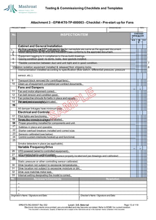 Testing & Commissioning Checklists and Templates
EPM-KT0-RG-000007 Rev 002 Level - 3-E- External Page 13 of 118
Electronic documents once printed, are uncontrolled and may become out-dated. Refer to ECMS for current revision.
This Document is the ex
clusiv
e property of Mashroat and is subject to the restrictions set out in the Im
portant Notice contained in this Docum
ent.
CHECKED
SA
TISFACTOR
Y
N/A YE
S
NO
Cabinet and General Installation
1 Permanent labels affixed, including for fans.
2
sensor, etc.).
9 Transport block removed (for centrifugal fans).
10 Clean up of equipment completed per contract documents.
Fans and Dampers
11 Fan and motor alignment correct.
12 Fan belt tension and condition good.
13 Fan protective shrouds for belts in place and secure.
14 Fan and motor properly lubricated.
15
All damper linkages have minimum play.
Electrical and Controls
17 Pilot lights are functioning.
18 Power disconnects in placeand labeled.
19
Smoke detectors in place (as applicable).
Variable FrequencyDrive
26 VFD powered (wired to controlled equipment).
27 VFD interlockedto control system.
28
Static pressure or other controlling sensor calibrated.
30 Drive location not subject to excessive temperatures.
31 Drive location not subject to excessive moisture or dirt.
32 Drive size matches motor size.
33 Internal setting designating the model is correct.
No. Reviewer'sComments Resolution
Originator's Name / Signature and Date: Checker's Name / Signature and Date:
Attachment 3 - EPM-KT0-TP-000003 - Checklist - Pre-start up for Fans
PROJECT NAME: DRAWING NO. REV.
No. INSPECTION ITEM
Air flow capacity and ESP indicated in the fan nameplate are same as the approved document.
3 Motor rating such as Hp (Kw) and insulationclass conforms to the approved document.
4 Equipment tagging is in compliance to theas-build drawings.
5 Casing condition good: no dents, leaks, door gaskets installed.
6 Flexible connection between duct and unit tight and in good condition. 7
Vibration isolation equipment installed & released from shipping locks. 8
Instrumentation installed according to specification (flow switch, differential pressure, pressure
All dampers close tightly.
16
All electric connections tight.
20 Proper grounding installed for components and unit.
21 Safeties in place and operable.
22 Starter overload breakers installed and correct size.
23 Sensors calibrated(see below).
24 Control system interlocks hookedup and functional.
25
Static pressure or other controlling sensorproperly locatedand per drawings and calibrated.
29
 