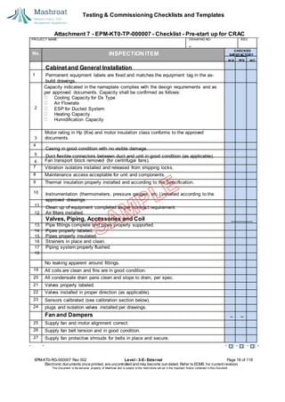 Testing & Commissioning Checklists and Templates
Attachment 7 - EPM-KT0-TP-000007 - Checklist - Pre-start up for CRAC
EPM-KT0-RG-000007 Rev 002 Level - 3-E- External Page 18 of 118
Electronic documents once printed, are uncontrolled and may become out-dated. Refer to ECMS for current revision.
This Document is the ex
clusiv
e property of Mashroat and is subject to the restrictions set out in the Im
portant Notice contained in this Docum
ent.
PROJECT NAME: DRAWING NO. REV.
No. INSPECTION ITEM
Capacity indicated in the nameplate complies with the design requirements and as
per approved documents. Capacity shall be confirmed as follows:
Cooling Capacity for Dx Type
Air Flowrate
ESP for Ducted System
Heating Capacity
Humidification Capacity
Motor rating in Hp (Kw) and motor insulation class conforms to the approved
documents.
4
Fan transport block removed (for centrifugal fans).
7 Vibration isolators installed and released from shipping locks.
8 Maintenance access acceptable for unit and components.
9 Thermal insulation properly installed and according to the Specification.
10
No leaking apparent around fittings.
19 All coils are clean and fins are in good condition.
20 All condensate drain pans clean and slope to drain, per spec.
21 Valves properly labeled.
22 Valves installed in proper direction (as applicable).
23 Sensors calibrated (see calibration section below).
24 plugs and isolation valves installed per drawings.
Fan and Dampers
25 Supply fan and motor alignment correct.
26 Supply fan belt tension and in good condition.
27 Supply fan protective shrouds for belts in place and secure.
CHECKED
SA
TISFACTORY
N/A YES NO
Cabinet and General Installation
1 Permanent equipment labels are fixed and matches the equipment tag in the as-
build drawings.
2
3
Casing in good condition with no visible damage.
5 Duct flexible connectors between duct and unit in good condition (as applicable).
6
Instrumentation (thermometers, pressure gauges, etc.) installed according to the
approved drawings.
11
Clean up of equipment completed as per contract requirement.
12 Air filters installed.
Valves, Piping, Accessories and Coil
13 Pipe fittings complete and pipes properly supported.
14 Pipes properly labeled.
15 Pipes properly insulated.
16 Strainers in place and clean.
17 Piping system properly flushed.
18
 