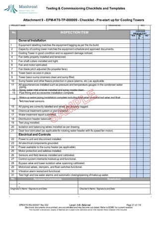 Testing & Commissioning Checklists and Templates
EPM-KT0-RG-000007 Rev 002 Level - 3-E- External Page 21 of 118
Electronic documents once printed, are uncontrolled and may become out-dated. Refer to ECMS for current revision.
This Document is the ex
clusiv
e property of Mashroat and is subject to the restrictions set out in the Im
portant Notice contained in this Docum
ent.
CHECKED
SA
TISFACTORY
N/A YE
S
NO
General Installation
1 Equipment labelling matches the equipment tagging as per the As-build.
2 Capacity ofcooling tower matches the equipment scheduleand approved documents.
3 Cooling Tower in good condition and no apparent damage noticed.
4 Fan belts properly installed and tensioned.
5 Fan shaft collars installed and tight.
6 Fan and motor lubricated.
7 Fan blade pitch adjusted (for propeller fans).
8 Tower basin access in place.
9 Tower basin sump strainers clean and sump filled.
10 Sump heater and other freeze protection in place (alarms, etc.) as applicable.
11 All appurtenances installed such as pressure and temperature gauges in the condenser water
witches/level sensors.
15 All piping are correctly labelled and valves are properly tagged.
16 Chemical treatment system or plan installed.
17 Water treatment report submitted.
18 Distribution header balanced.
19 Test plug installed.
20 Isolation and balancing valves installed as per drawing.
21 Gear box lubricated (as applicablefor rotating water header with fix speed fan motor).
Electrical and Controls
22 Power to unit and disconnect installed.
23 All electrical components grounded.
24 Power available to the sump heater (as applicable).
25 Motor protection and safeties installed.
26 Sensors and field devices installed and calibrated.
27 Control system interlocks hookedup and functional.
28 Bypass valve and tower isolation valve spanning calibrated.
29 Motorized valves, dampers, and float switches functional.
30 Vibration alarm testedand functional.
31 Test high and low water alarms and automatic closing/opening ofmake-up water.
No. Reviewer'sComments Resolution
Originator's Name / Signature and Date: Checker's Name / Signature and Date:
Attachment 9 - EPM-KT0-TP-000009 - Checklist - Pre-start up for Cooling Towers
PROJECT NAME: DRAWING NO. REV.
No. INSPECTION ITEM
piping.
12 Spray water inlet strainer installed and spray nozzle clean.
13 Pipe fitting and accessories installation complete.
14 s
Make-up water piping installation complete includingfloat valve or motorized valve and float
 