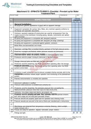 Testing & Commissioning Checklists and Templates
Attachment 13 - EPM-KT0-TP-000013 - Checklist - Pre-start up for Water
Treatment Plant
EPM-KT0-RG-000007 Rev 002 Level - 3-E- External Page 25 of 118
Electronic documents once printed, are uncontrolled and may become out-dated. Refer to ECMS for current revision.
This Document is the ex
clusiv
e property of Mashroat and is subject to the restrictions set out in the Im
portant Notice contained in this Docum
ent.
PROJECT NAME: DRAWING NO. REV.
No. INSPECTION ITEM
4 All piping and equipment is compatible with designed pressure.
5 All piping and equipment is compatible with designed pH range (cleaning).
6 All piping and equipment is protected against galvanic corrosion.
7 Media filters are backwashed and rinsed.
8
Check/anti-siphon valves are properly installed in chemical addition lines.
12 Provisions exist for proper mixing of chemicals in the feed stream.
13
Provisions exist for preventing the dosage pumps from operating when the RODI
system is shut down.
16
Planned instrumentation allows proper operation and monitoring of the pretreatment
system.
18 Planned instrumentation is installed and operative.
19
Provisions exist for sampling raw water, feed, permeate and concentrate streams
from each stage and the total plant permeate stream.
25 Pressure vessels are properly piped both for operation and cleaning mode.
26 Pressure vessels are secured to the rack or frame per manufacturer’s instructions.
27
CHECKED
SA
TISFACTORY
N/A YES NO
General Installation
1 All equipment general appearance is good with no apparent damage.
2
Equipment nameplate (for pumps, fans, filters, etc.) nominal capacity conforms to
the design and approved documents.
3
Corrosion resistant materials of construction are used for all equipment from the
supply source to the membrane including piping, vessels, instruments and wetted
parts of pumps.
New/clean cartridge filter is installed directly upstream of the high pressure pump.
9
Feed line, is purged and flushed, before pressure vessels are connected.
10 Chemical addition points are properly located.
11
Dosage chemical tanks are filled with the right chemicals.
14 Provisions exist for preventing the RODI system from operating when the dosage
pumps are shut down.
15
If chlorine is used, provisions exist to ensure complete chlorine removal prior to the
membranes.
17
Instrument calibration is verified.
20 Pressure relief protection is installed and correctly set.
21 Provisions exist for preventing the permeate pressure from exceeding the
feed/concentrate pressure more than 5 psi (0.3 bar) at any time.
22
Interlocks, time delay relays and alarms are properly set.
23 Provisions exist for sampling permeate from individual modules.
24
Membranes are protected from temperature extremes (freezing, direct sunlight,
heater exhaust, etc.).
28 Pumps are ready for operation: aligned, lubricated, proper rotation.
29
Fittings are tight.
 