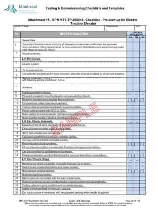Testing & Commissioning Checklists and Templates
Attachment 15 - EPM-KT0-TP-000015 - Checklist - Pre-start up for Electric
Traction Elevator
EPM-KT0-RG-000007 Rev 002 Level - 3-E- External Page 29 of 118
Electronic documents once printed, are uncontrolled and may become out-dated. Refer to ECMS for current revision.
This Document is the ex
clusiv
e property of Mashroat and is subject to the restrictions set out in the Im
portant Notice contained in this Docum
ent.
PROJECT NAME: DRAWING NO. REV.
No. INSPECTION ITEM
Lift Pit Check
3
Dimensions ofthe lift pit (length,width, depth) conforms to the plan and requirements ofthe
elevator system.
6
Counter weightpit buffer provided and in good condition. Oil buffer shall be provided for lift car
with traveling velocity more than 1.5 m/s.
8 Lighting provided in the pit.
9 Pit switch provided to stop the elevator car manuallyfrom the pit.
10 Governor rope tension pulleyhas free movement.
11 Limitswitches rollers have free movement.
12 Trailing cable properlyterminated and in good condition.
13 Power outlet provided with GFCI or RCD.
14 Drain system or sump provide to remove accumulation ofwater.
15 Access ladder provide if depth is more than 915 mm.
Lift Car Check (Internal)
16 Capacity of the lift car is displayed or labelled inside the car.
17 Exhaust blower provided and in working order.
18 Alarm bell provided and operational.
19 Lightpoint provided terminating in socketor holder.
20 Two-way communication handsetprovided.
21 Floor indication displayprovided.
22 Lift car internal condition is acceptable.Free from damage and scratches.
23 Car door condition is satisfactoryand operable.
24 Clearance between car sill and landing sillis notmore than 30mm.in each floor.
Lift Car Check (Top)
25 Maintenance switch provided to manuallydirectcar (up or down).
26 Switch board provided for lighting and power sockets.
27 All metal part shall be earthed.
28 Hoistway lighting provided.
29 Retiring cam do not contact with the lever of gate locks.
30 Guide shoe liners (car and counter weight) in good condition and playing freely.
31 Trailing cable is in good condition with no visible damage.
32 Safety switchprovided to manually stopcar.
33 Car top structure is reinforced with no apparent dentingwhen weight is applied.
CHECKED
SA
TISFACTORY
N/A YES NO
General Check
1 Capacity of traction motors including all ofelevator accessories conforms to the approved
documentation.Lifting capacityshall be in accordance to Specification and equipmentapproved
MAS (Material Approval Sheet)
2
Installation conforms to the requirementofASME A.17 and accepted by the Client
Representatives.
4 Pit is clean and dry.
5
Car pit buffer provided and in good condition. Oil buffer shall be provided for lift car with traveling
velocity more than 1.5 m/s.
7
Counterweightguard screen provided and weights are properlystacked and secured with
isolators.
 