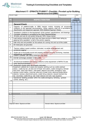Testing & Commissioning Checklists and Templates
Attachment 17 - EPM-KT0-TP-000017 - Checklist - Pre-start up for Building
Maintenance Unit (BMU)
EPM-KT0-RG-000007 Rev 002 Level - 3-E- External Page 32 of 118
Electronic documents once printed, are uncontrolled and may become out-dated. Refer to ECMS for current revision.
This Document is the ex
clusiv
e property of Mashroat and is subject to the restrictions set out in the Im
portant Notice contained in this Docum
ent.
PROJECT NAME: DRAWING NO. REV.
No. INSPECTION ITEM
Load testing conducted for each tiers and base anchors of BMU track railing by
applying force equivalent to half of the anchor capacity.
5 Safe entry and exit provided for the workers for coming into and out of the cradle.
6 All metal parts are grounded.
7
Cradle is provided with bump protection and rollers.
10 Anti-fall anchorage provided in the cradle.
11
Equipment safeties are in place and properly working such as cradle overload
device, cradle trip bar, jib slew end of travel limit switch, cradle emergency retrieval
hand wind, slack rope device, over-speed detector and brake, emergency stop,
residual current device, cross bar slew end of travel limits, electrical phase failure
detector, harness attachment points, cradle full-up detector, lanyard restraint trip
bar, secondary cradle full-up over travel detector and wire rope equalizer.
Operational labelling provided within the cradle (emergency retrieving, up/down
control, slewing, etc.)
No. Reviewer'sComments Resolution
Originator's Name / Signature and Date: Checker's Name / Signature and Date:
CHECKED
SA
TISFACTORY
N/A YES NO
General Check
1
Capacity of platform/cradle or BMU traction motors including all accessories
conforms to the approved documentation. Lifting capacity shall be in accordance to
Specification and equipment approved MAS (Material Approval Sheet).
Installation conforms to the requirement of the contract, specifications, and drawings.
Complete installation is accepted by the Client Representatives.
3 All bolts and nuts for rail system fixing are 100% torque tested.
4
2
Traction cables in good condition, lubricated, no visible entanglement and
excessive sagging.
8 Guide rail is structurally sound and properly installed including anchoring, brackets,
bolting/fixing, and framings.
9
All electrical installation and testing conforms to the requirement of NFPA 70 and
other electrical standards.
12 Equipment moving parts are properly lubricated.
13
14
 