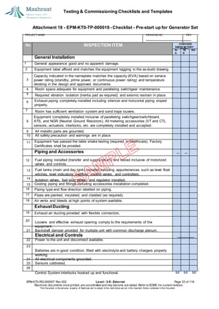 Testing & Commissioning Checklists and Templates
EPM-KT0-RG-000007 Rev 002 Level - 3-E- External Page 33 of 118
Electronic documents once printed, are uncontrolled and may become out-dated. Refer to ECMS for current revision.
This Document is the ex
clusiv
e property of Mashroat and is subject to the restrictions set out in the Im
portant Notice contained in this Docum
ent.
CHECKED
SA
TISFACTORY
N/
A
YE
S
NO
General Installation
1 General appearance good and no apparent damage.
2 Equipment label affixed and matches the equipment tagging in the as-build drawing.
Capacity indicated in the nameplate matches the capacity (KVA) based on service
power rating (standby, prime power, or continuous power rating) and temperature
derating in the design and approved documents.
Exhaust piping completely installed including silencer and horizontal piping sloped
properly.
7
Equipment completely installed inclusive of paralleling switchgear/switchboard,
ATS, and NGR (Neutral Ground Resistors). All metering accessories (VT and CT),
sensors, actuators, interlocks, etc. are completely installed and accepted.
Equipment has passed the table shake testing (required in healthcare). Factory
Certificates shall be provided.
Piping and Accessories
12
Cooling piping and fittings including accessories installation completed.
16 Piping type and flow direction labelled on piping.
17 Pipes are painted, insulated, and cladded (as required).
18 Air vents and bleeds at high points of system available.
Exhaust Ducting
19 Exhaust air ducting provided with flexible connectors.
20
Attachment 18 - EPM-KT0-TP-000018 - Checklist - Pre-start up for Generator Set
PROJECT NAME: DRAWING NO. REV.
No. INSPECTION ITEM
3
Room space adequate for equipment and paralleling switchgear maintenance.
5
4
Required vibration isolation (inertia pad as required) and seismic restrain in place.
6
Room has sufficient ventilation system and sand traps louvers.
8
9 All metallic parts are grounded.
10 All safety precaution and warnings are in place.
11
Fuel piping installed (transfer and supply/return) and tested inclusive of motorized
valves and controls.
13 Fuel tanks (main and day tank) installed including appurtenances such as level float
witches, level indicators, overflow, control valves, and controllers.
14
Isolation valves, fuel stop valves, and regulator installed.
15
Louvers and effective exhaust opening comply to the requirements of the
equipment.
21 Backdraft damper provided for multiple unit with common discharge plenum.
Electrical and Controls
22 Power to the unit and disconnect available.
23
Batteries are in good condition, filled with electrolyte and battery chargers properly
working.
24 All electrical components grounded.
25 Sensors calibrated.
26
Control System interlocks hooked up and functional.
 