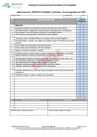 Testing & Commissioning Checklists and Templates
EPM-KT0-RG-000007 Rev 002 Level - 3-E- External Page 43 of 118
Electronic documents once printed, are uncontrolled and may become out-dated. Refer to ECMS for current revision.
This Document is the ex
clusiv
e property of Mashroat and is subject to the restrictions set out in the Im
portant Notice contained in this Docum
ent.
CHECKED
SA
TISFACTORY
N/
A
YE
S
NO
General
1 All packing materials and restrains has been removed from each cabinet.
2
All switchboards, conduits, and cables are properly routed to the UPS and auxiliary
cabinets.
7 Power cables are terminated on by-pass terminals.
8 Power cables are terminated on the input breaker.
9 Aground conductor is properly installed.
10
Insulation resistance and continuity testing conducted on bus bars and results are
satisfactory.
18 Labelling provided in cables, conduits, and equipment.
No. Reviewer'sComments Resolution
Originator's Name / Signature and Date: Checker's Name / Signature and Date:
Attachment 25 - EPM-KT0-TP-000025 - Checklist - Pre-energization for UPS
PROJECT NAME: DRAWING NO. REV.
No. INSPECTION ITEM
UPS Main breaker coordination study has been completed prior to acceptance.
3 Each cabinet in the UPS system is placed in its installed location.
4 All cabinets except standalone cabinets are bolted together.
5
Grounding bond is installed between all cabinets that are bolted together.
6
If neutral is used, no other neutral to ground bonds exist downstream of the UPS.
11 Battery cables and harness are terminated on the battery contactor.
12
Internal battery cabinet connections have been completed (bus bars, plugs, etc.).
13 Air conditioning equipment is installed and operating properly.
14 The area around the installed UPS is clean and dust free.
15 Adequate workspace exists around the UPS and other cabinet.
16 Adequate lighting is provided around all UPS equipment.
17
 