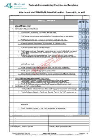 Testing & Commissioning Checklists and Templates
EPM-KT0-RG-000007 Rev 002 Level - 3-E- External Page 49 of 118
Electronic documents once printed, are uncontrolled and may become out-dated. Refer to ECMS for current revision.
CHECKED
SA
TISFACTORY
N/A YE
S
NO
Visual Inspection
1 Verification of System Hardware
System rack is properly positioned and secured
VoIP active components are mounted on the system rack as per design
VoIP components are connected to the rack earth ground bus.
VoIP equipment are powered by corporate AC power source
VoIP equipment are connected to LAN
VoIP equipment and their cable connections are properly labelled, managed,
and tested
VoIP equipment is connected to the VoIP Service Provider and working
both soft and hard.
Verify shutdown of VoIP equipment (both soft and hard shutdown)
Verify power up of VoIP equipment and servers
Check the Ethernetports of the VoIP at design speed/capacity(Mbps/full duplex)
2 Verification of VoIP Data Network Configuration
Verify VLAN (Virtual Local Area Network) assignmentofVoIP server
Verify IP Address assignments of VoIP equipment (both server, hard
applicable
Verify Firmware Update of the VoIP equipment as applicable
No. Reviewer'sComments Resolution
Originator's Name / Signature and Date: Checker's Name / Signature and Date:
Attachment 30 - EPM-KT0-TP-000057 - Checklist - Pre-start Up for VoIP
PROJECT NAME: DRAWING NO. REV.
No. INSPECTION ITEM
Verify LED indicators of VoIP equipment. Red (for alarm), amber (minor),
green (fine)
Verify restart/reboot of VoIP equipment. Observe the restart/reboot process
phones, and soft phones).
Verify DHCP Scope, options, and parameters of the VoIP phones.
Verify Static Scopes, options, and parameters of the VoIP phones.
3 Verification of VoIP system software
Verify software release/version of the VoIP equipment conform to the design
Verify Software Update , Patch and Service Pack of the VoIP equipment as
 