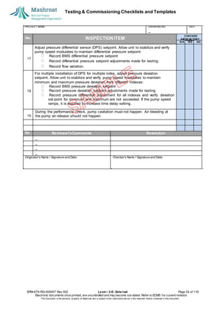 Testing & Commissioning Checklists and Templates
EPM-KT0-RG-000007 Rev 002 Level - 3-E- External Page 52 of 118
Electronic documents once printed, are uncontrolled and may become out-dated. Refer to ECMS for current revision.
This Document is the ex
clusiv
e property of Mashroat and is subject to the restrictions set out in the Im
portant Notice contained in this Docum
ent.
PROJECT NAME: DRAWING NO. REV.
No. INSPECTION ITEM
Adjust pressure differential sensor (DPS) setpoint. Allow unit to stabilize and verify
pump speed modulates to maintain differential pressure setpoint:
Record BMS differential pressure setpoint
Record differential pressure setpoint adjustments made for testing
Record flow variation.
For multiple installation of DPS for multiple index, adjust pressure deviation
setpoint. Allow unit to stabilize and verify pump speed modulates to maintain
minimum and maximum pressure deviation from different indexes:
Record BMS pressure deviation setpoint
Record pressure deviation setpoint adjustments made for testing
Record pressure differential adjustment for all indexes and verify deviation
set point for minimum and maximum are not exceeded. If the pump speed
ramps, it is required to increase time delay setting.
During the performance check, pump cavitation must not happen. Air bleeding at
the pump air release should not happen.
No. Reviewer'sComments Resolution
Originator's Name / Signature and Date: Checker's Name / Signature and Date:
CHECKED
SA
TISFACTORY
N/A YES NO
17
18
19
 