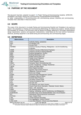 Testing & Commissioning Checklists and Templates
1.0 PURPOSE OF THE DOCUMENT
This document has been prepared to support the Project Testing and Commissioning Guideline (EPM-KT0-
PR-000003) and Project Testing and Commissioning Procedure(EPM-KT0-PR-000006)
for better understanding of Pre-commissioning and commissioning process checklists and commissioning
templates that is described in these documents.
2.0 SCOPE
The scope of this document is to provide Testing and Commissioning Checklist and Templates to be used as a
guide in the preparation of Testing and Commissioning Methodology for infrastructure projects. Sample checklist
and templates as included in this document shall be tailored accordingly referenced to the project specifications,
design requirements, systems and equipment characteristics. Listed below are the most common mechanical ,
electrical, plumbing equipment to be tested during pre-commissioning and commissioning stages.
3.0 DEFINITIONS
EPM-KT0-RG-000007 Rev 002 Level - 3-E- External Page 6 of 118
Electronic documents once printed, are uncontrolled and may become out-dated. Refer to ECMS for current revision.
This Document is the ex
clusiv
e property of Mashroat and is subject to the restrictions set out in the Im
portant Notice contained in this Docum
ent.
Abbreviations Description
AHJ Authority Having Jurisdiction
AHU Air Handling Unit
AP Access Point
ASHRAE American Society of Heating, Refrigeration, and Air Conditioning
Engineers
ASME American Society of Mechanical Engineers
ASTM American Society of Testing Materials
BMS Building Management System
BMU Building Maintenance Unit
BPDU Bridge Protocol Data Unit
CCTV Closed Circuit Television
CDR Call Digital Record
CIM Control Interface Module
CRAC Computer Room Airconditioning Unit
CT / VT Current Transformer / Voltage Transformer
C&EM Cause and Effect Matrix
DDC Direct Digital Controller
DHCP Dynamic Host Control Protocol
DPS Differential Pressure Sensor
ELV Extra Low Voltage
EPMS Electrical Power Management System
ERD Emergency Rescue Device
ESP External Static Pressure
FACP Fire Alarm Control Panel
FAT Factory Acceptance Test
FCU Fan Coil Unit
FDAS Fire Detection and Alarm System
GFCI / RCD Ground Fault Circuit Interruptor / Residual Current Device
HOA Hand – Off - Automatic
HSRP Hot Standing Router Protocol
HVAC&R Heating, Ventilating, and Air Conditioning and Refrigeration
ICCB/MCCB Insulated Case Circuit Breaker/Molded Case Circuit Breaker
IEC International Electro-technical Commission
I/O Point Input / Output Point
LAB Limited Approach Boundary
LACP Link Aggregation Control Protocol
LAN/ VLAN Local Area Network / Virtual Local Area Network
 