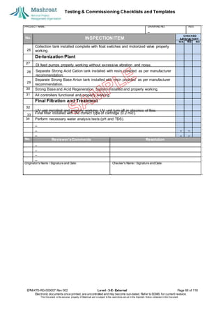 Testing & Commissioning Checklists and Templates
EPM-KT0-RG-000007 Rev 002 Level - 3-E- External Page 66 of 118
Electronic documents once printed, are uncontrolled and may become out-dated. Refer to ECMS for current revision.
This Document is the ex
clusiv
e property of Mashroat and is subject to the restrictions set out in the Im
portant Notice contained in this Docum
ent.
PROJECT NAME: DRAWING NO. REV.
No. INSPECTION ITEM
Collection tank installed complete with float switches and motorized valve properly
working.
De-Ionization Plant
27
Separate Strong Base Anion tank installed with resin provided as per manufacturer
recommendation.
30 Strong Base and Acid Regeneration System installed and properly working.
31 All controllers functional and properly working.
Final Filtration and Treatment
32
Final filter installed with the correct type of cartridge (0.2 mic).
34 Perform necessary water analysis tests (pH and TDS).
No. Reviewer'sComments Resolution
Originator's Name / Signature and Date: Checker's Name / Signature and Date:
CHECKED
SA
TISFACTORY
N/A YES NO
26
DI feed pumps properly working without excessive vibration and noise.
28 Separate Strong Acid Cation tank installed with resin provided as per manufacturer
recommendation.
29
UV unit installed and properly working. UV unit turn-off in absence of flow.
33
 
