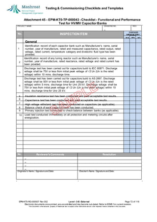 Testing & Commissioning Checklists and Templates
Attachment 45 - EPM-KT0-TP-000043 - Checklist - Functional and Performance
Test for HV/MV Capacitor Banks
EPM-KT0-RG-000007 Rev 002 Level - 3-E- External Page 72 of 118
Electronic documents once printed, are uncontrolled and may become out-dated. Refer to ECMS for current revision.
This Document is the ex
clusiv
e property of Mashroat and is subject to the restrictions set out in the Im
portant Notice contained in this Docum
ent.
PROJECT NAME: DRAWING NO. REV.
No. INSPECTION ITEM
Identification record of any tuning reactor such as Manufacturer’s name, serial
number, year of manufacture, rated reactance, rated voltage and rated current has
been provided.
Discharge test has been carried out for capacitors build to IEC 60871. Discharge
voltage shall be 75V or less from initial peak voltage of √2 Un (Un is the rated
voltage) within 10 mins. discharge time.
Discharge test has been carried out for capacitors build to AS 2897. Discharge
voltage shall be 50V or less from initial peak voltage of √2 Un (Un is the rated
voltage) within 5 mins. discharge time for Un≤ 25 kV. Discharge voltage shall be
75V or less from initial peak voltage of √2 Un (Un is the rated voltage) within 10
mins. discharge time for Un≥ 25 kV.
Load test conducted immediately on all protection and metering circuits after
energization.
No. Reviewer'sComments Resolution
Originator's Name / Signature and Date: Checker's Name / Signature and Date:
CHECKED
SA
TISFACTORY
N/A YES NO
General
1
Identification record of each capacitor bank such as Manufacturer’s name, serial
number, year of manufacture, rated and measured capacitance, rated output, rated
voltage, rated current, temperature category and di-electric fluid type has been
provided.
2
3
4
Insulation resistance test has been conducted and yield acceptable test results.
6
5
Capacitance test has been conducted and yield acceptable test results.
7 High voltage withstand test has been conducted on capacitors (as applicable).
8 Balance check of each capacitor bank has been conducted.
9 Primary injection test conducted to check balance between banks (as applicable).
10
 