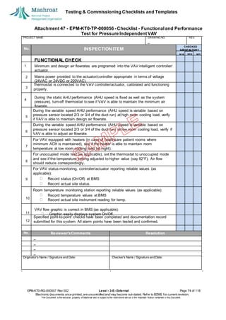 Testing & Commissioning Checklists and Templates
Attachment 47 - EPM-KT0-TP-000056 - Checklist - Functional and Performance
Test for Pressure Independent VAV
EPM-KT0-RG-000007 Rev 002 Level - 3-E- External Page 74 of 118
Electronic documents once printed, are uncontrolled and may become out-dated. Refer to ECMS for current revision.
This Document is the ex
clusiv
e property of Mashroat and is subject to the restrictions set out in the Im
portant Notice contained in this Docum
ent.
PROJECT NAME: DRAWING NO. REV.
No. INSPECTION ITEM
Thermostat is connected to the VAV controller/actuator, calibrated and functioning
properly.
4
During the variable speed AHU performance (AHU speed is variable based on
pressure sensor located 2/3 or 3/4 of the duct run) at high room cooling load, verify
if VAV is able to maintain design air flowrate.
During the variable speed AHU performance (AHU speed is variable based on
pressure sensor located 2/3 or 3/4 of the duct run) at low room cooling load, verify if
VAV is able to adjust air flowrate.
For VAV equipped with heaters (in case of healthcare patient rooms where
minimum ACH is maintained), see if the heater is able to maintain room
temperature at low room cooling load (at night).
For unoccupied mode test (as applicable), set the thermostat to unoccupied mode
and see if the temperature setting adjusted to higher value (say 82°F). Air flow
should reduce correspondingly.
For VAV status monitoring, controller/actuator reporting reliable values (as
applicable):
Record status (On/Off) at BMS
Record actual site status.
Room temperature monitoring station reporting reliable values (as applicable):
Record temperature values at BMS
Record actual site instrument reading for temp.
Specified point-to-point checks have been completed and documentation record
submitted for this system. All alarm points have been tested and confirmed.
No. Reviewer'sComments Resolution
Originator's Name / Signature and Date: Checker's Name / Signature and Date:
CHECKED
SA
TISFACTORY
N/A YES NO
FUNCTIONAL CHECK
1 Minimum and design air flowrates are programed into the VAV intelligent controller/
actuator.
2 Mains power provided to the actuator/controller appropriate in terms of voltage
(24VAC or 24VDC or 220VAC).
3
During the static AHU performance (AHU speed is fixed as well as the system
pressure), turn-off thermostat to see if VAV is able to maintain the minimum air
flowrate.
5
6
7
8
9
10
VAV flow graphic is correct in BMS (as applicable):
Graphic easily displays system On/Off.
12
11
 