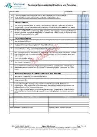 Testing & Commissioning Checklists and Templates
EPM-KT0-RG-000007 Rev 002 Level - 3-E- External Page 77 of 118
Electronic documents once printed, are uncontrolled and may become out-dated. Refer to ECMS for current revision.
This Document is the ex
clusiv
e property of Mashroat and is subject to the restrictions set out in the Im
portant Notice contained in this Docum
ent.
PROJECT NAME: DRAWING NO. REV.
26 Confirm that switches synchronize with the NTP (Network Time Protocol) server.
27 Verify the IP connectivity between Router/Switch and Fire Wall is fine.
Interface Testing
28
29
To make sure that other systems (e.g.BMS) is working properlyas per projectspecifications;a
feedback from the engineer(s) responsible for thatparticular system should be conducted to the
engineer(s) responsible for the LAN.
Performance Testing
30
Network resiliencyand availability will be tested through a series oftests mentioned in the vPC
and Nexus testsections.
31
Network latency and response time will be tested through the Ping testthat will be conducted in
the Layer 3 tests and checking the RTT (Round Trip Time).
32
Network bandwidth can be tested by the issuing the command showinterface and checking the
bandwidth value setting associated with the interface being tested
33
QoS (Quality of Service) features will be deployed to fully supportmultiple queues and priorities
to ensure proper and immediate deliveryof higher priority and time sensitive voice, video and
data packets.
34
ConductVRRP (Virtual Router RedundancyProtocol) Testto confirm desired behavior in the
event of one device failure.
35
ConductSupervisor Engine (SUP) Test to confirm that failure of any SUP will not impacttraffic
flow though the network.
36
ConductPerformance Testing in high capacity environment to see how the network or sub-
network will perform under its design capacity by connecting laptops, computers, and other
loads.
Additional Testing for WLAN (Wireless Local Area Network)
37
Conduct Test Redundancybetween AP Controllers to confirm thata secondarycontroller will
take-over in the event of primarycontroller failure.
38
ConductRoaming Testto confirm seamless roaming between APs (Access Points) while users
move between APs.
39
ConductRunning the Boot-Up Scriptand Power-on Self-Testto verify the hardware
configuration,loads micro-code into memory,verify the operating system software load,and
initialized itselfwith the stored configuration.
40
ConductPerformance Testing in high capacity environment to see how the network or sub-
network will perform under its design capacity by connecting laptops, computers, and other
loads.
No. Reviewer'sComments Resolution
Originator's Name / Signature and Date: Checker's Name / Signature and Date:
For other systems like BMS, ACS and CCTV interfacing with LAN system;the tests will be
checking the Ethernetinterfaces these systems are connected to and make sure they are up
and operating properly.
 