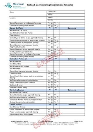 Testing & Commissioning Checklists and Templates
EPM-KT0-RG-000007 Rev 002 Level - 3-E- External Page 87 of 118
Electronic documents once printed, are uncontrolled and may become out-dated. Refer to ECMS for current revision.
This Document is the ex
clusiv
e property of Mashroat and is subject to the restrictions set out in the Im
portant Notice contained in this Docum
ent.
Client:
Contract No. :
MS No. :
Location:
System :
Unit No. :
Correct Termination at the Detector Terminals: Yes No
Correct Functionality of the Devices: Yes No
Manual Call Point Yes No Comments
No. of Normal Call Points:
No. of Weather Proof Call Points:
Type of Action:
Correct Type of Device as per approved drawing: Yes No
Correct Physical Address as per approved drawing: Yes No
Correct Location as per approved drawing: Yes No
Correct Location as per approved drawing
(height/width, breadth)
Yes No
Correct Placement as per approved drawing: Yes No
No Physical Damage to Detector: Yes No
Correct Termination at the Device Terminals: Yes No
Correct Functionality of the Devices: Yes No
Notification Peripherals Yes No Comments
No. of Speakers:
No. of Sounders:
No. of Speaker with Strobes:
No. of Flashers:
Correct Quantity as per approved drawing: Yes No
Correct Location: Yes No
Correct Height from ground level as per approved
drawing:
Yes No
No Physical Damages during installation: Yes No
Proper Termination at each Terminal: Yes No
Sufficient dB Level: Yes No
Sufficient Candela Rating: Yes No
Monitoring Devices Yes No Comments
No. of Monitoring Devices:
Correct Installation as per approved drawing: Yes No
No Physical Damages for the Devices: Yes No
Appropriate Monitor Points as per specification: Yes No
Devices Remain in Normal Condition: Yes No
Control Devices Yes No Comments
No. of Control Devices:
Proper Installation as per approved drawing: Yes No
Proper Location as per approved drawing: Yes No
Correct Height from Ground Level: Yes No
 