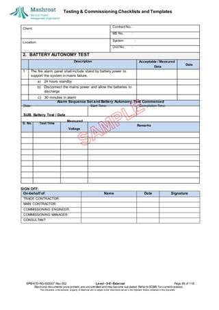 Testing & Commissioning Checklists and Templates
SIGN OFF:
EPM-KT0-RG-000007 Rev 002 Level - 3-E- External Page 89 of 118
Electronic documents once printed, are uncontrolled and may become out-dated. Refer to ECMS for current revision.
This Document is the ex
clusiv
e property of Mashroat and is subject to the restrictions set out in the Im
portant Notice contained in this Docum
ent.
Client:
Contract No. :
MS No. :
Location:
System :
Unit No. :
2. BATTERY AUTONOMY TEST
Description Acceptable / Measured
1 The fire alarm panel shall include stand by battery power to
support the system in mains failure.
a) 24 hours standby
b) Disconnect the mains power and allow the batteries to
discharge
Remarks
Voltage
On-behalf of Name Date Signature
TRADE CONTRACTOR:
MAIN CONTRACTOR:
COMMISSIONING ENGINEER:
COMMISSIONING MANAGER:
CONSULTANT:
Data
Date
c) 30 minutes in alarm
Alarm Sequence Set and Battery Autonomy Test Commenced
Date: Start Time: Completion Time:
SUB: Battery Test / Date
S. No. Test Time
Measured
 