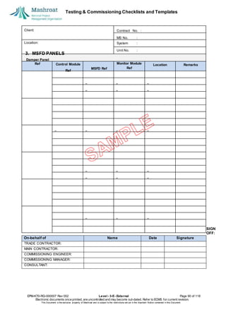 Testing & Commissioning Checklists and Templates
SIGN
OFF:
EPM-KT0-RG-000007 Rev 002 Level - 3-E- External Page 90 of 118
Electronic documents once printed, are uncontrolled and may become out-dated. Refer to ECMS for current revision.
This Document is the ex
clusiv
e property of Mashroat and is subject to the restrictions set out in the Im
portant Notice contained in this Docum
ent.
Monitor Module Location Remarks
Ref
On-behalf of Name Date Signature
TRADE CONTRACTOR:
MAIN CONTRACTOR:
COMMISSIONING ENGINEER:
COMMISSIONING MANAGER:
CONSULTANT:
Client: Contract No. :
MS No. :
Location: System :
Unit No. :
3. MSFD PANELS
Damper Panel
Ref Control Module
Ref
MSFD Ref
 