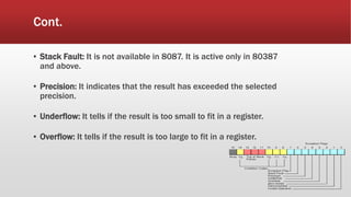 Cont.
▪ Stack Fault: It is not available in 8087. It is active only in 80387
and above.
▪ Precision: It indicates that the result has exceeded the selected
precision.
▪ Underflow: It tells if the result is too small to fit in a register.
▪ Overflow: It tells if the result is too large to fit in a register.
 