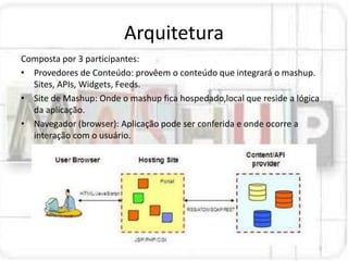 Arquitetura
Composta por 3 participantes:
• Provedores de Conteúdo: provêem o conteúdo que integrará o mashup.
  Sites, APIs, Widgets, Feeds.
• Site de Mashup: Onde o mashup fica hospedado,local que reside a lógica
  da aplicação.
• Navegador (browser): Aplicação pode ser conferida e onde ocorre a
  interação com o usuário.
 