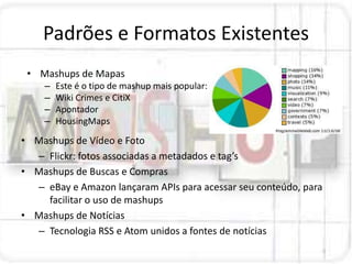 Padrões e Formatos Existentes
 • Mashups de Mapas
    –   Este é o tipo de mashup mais popular:
    –   Wiki Crimes e CitiX
    –   Apontador
    –   HousingMaps

• Mashups de Vídeo e Foto
  – Flickr: fotos associadas a metadados e tag’s
• Mashups de Buscas e Compras
  – eBay e Amazon lançaram APIs para acessar seu conteúdo, para
    facilitar o uso de mashups
• Mashups de Notícias
  – Tecnologia RSS e Atom unidos a fontes de notícias
 
