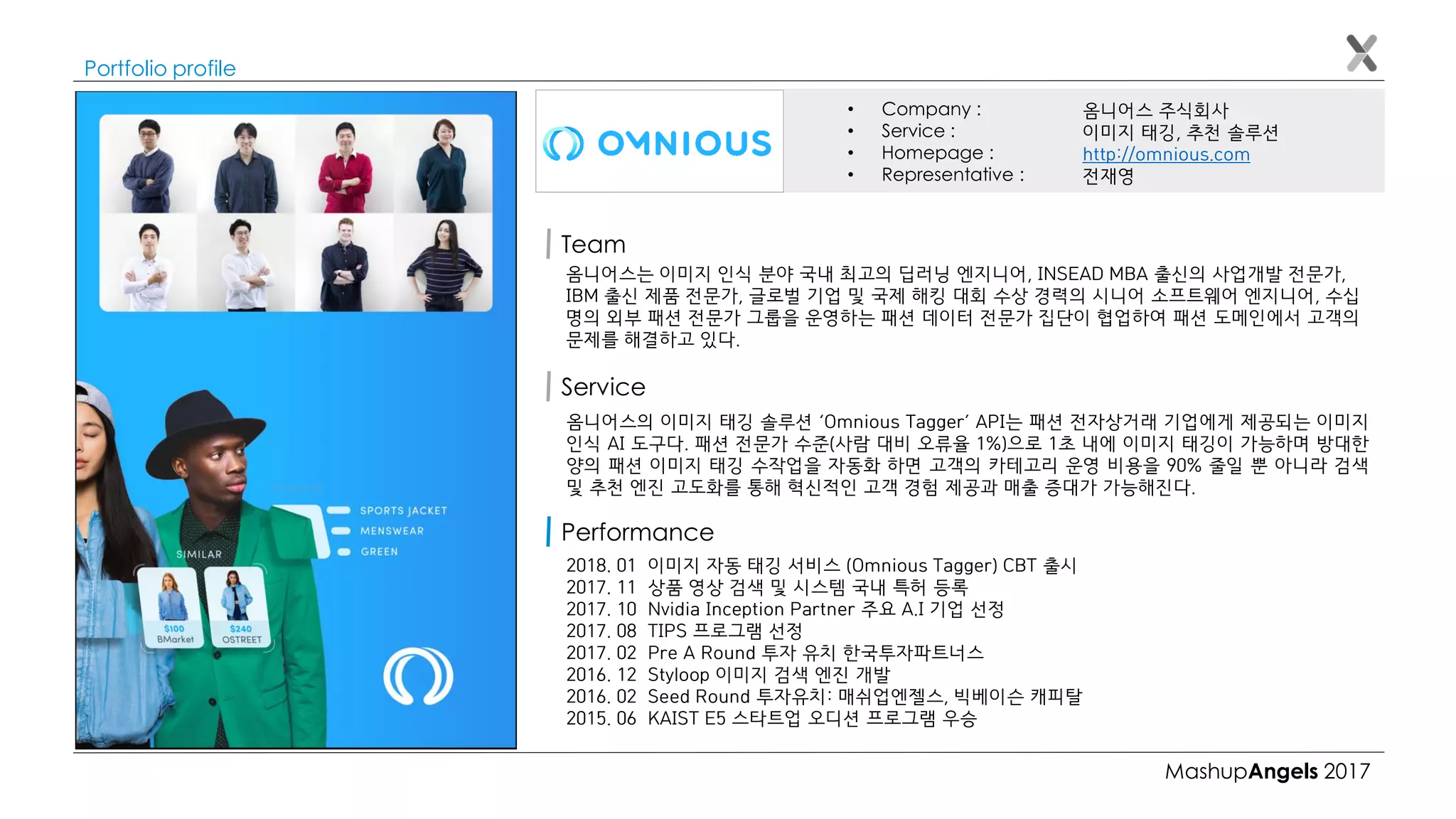 MashupAngels 2017
Portfolio profile
옴니어스 주식회사
이미지 태깅, 추천 솔루션
http://omnious.com
전재영
• Company :
• Service :
• Homepage :
• Representative :
Team
Service
2018. 01 이미지 자동 태깅 서비스 (Omnious Tagger) CBT 출시
2017. 11 상품 영상 검색 및 시스템 국내 특허 등록
2017. 10 Nvidia Inception Partner 주요 A.I 기업 선정
2017. 08 TIPS 프로그램 선정
2017. 02 Pre A Round 투자 유치 한국투자파트너스
2016. 12 Styloop 이미지 검색 엔진 개발
2016. 02 Seed Round 투자유치: 매쉬업엔젤스, 빅베이슨 캐피탈
2015. 06 KAIST E5 스타트업 오디션 프로그램 우승
Performance
옴니어스는 이미지 인식 분야 국내 최고의 딥러닝 엔지니어, INSEAD MBA 출신의 사업개발 전문가,
IBM 출신 제품 전문가, 글로벌 기업 및 국제 해킹 대회 수상 경력의 시니어 소프트웨어 엔지니어, 수십
명의 외부 패션 전문가 그룹을 운영하는 패션 데이터 전문가 집단이 협업하여 패션 도메인에서 고객의
문제를 해결하고 있다.
옴니어스의 이미지 태깅 솔루션 ‘Omnious Tagger’ API는 패션 전자상거래 기업에게 제공되는 이미지
인식 AI 도구다. 패션 전문가 수준(사람 대비 오류율 1%)으로 1초 내에 이미지 태깅이 가능하며 방대한
양의 패션 이미지 태깅 수작업을 자동화 하면 고객의 카테고리 운영 비용을 90% 줄일 뿐 아니라 검색
및 추천 엔진 고도화를 통해 혁신적인 고객 경험 제공과 매출 증대가 가능해진다.
 