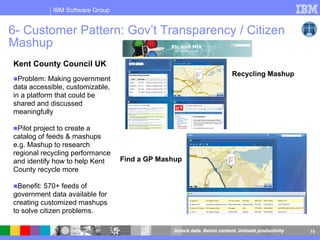 6- Customer Pattern: Gov’t Transparency / Citizen Mashup  Kent County Council UK Problem: Making government data accessible, customizable, in a platform that could be shared and discussed meaningfully Pilot project to create a catalog of feeds & mashups e.g. Mashup to research regional recycling performance and identify how to help Kent County recycle more  Benefit: 570+ feeds of government data available for creating customized mashups to solve citizen problems. Recycling Mashup Find a GP Mashup 