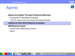 Agenda Speed and Agility Through Enterprise Mashups Introduction to Key Mashup Concepts Top Ten reasons why you should care about mashups Additional Real World Mashup Examples IBM Mashup Center Introduction to IBM Mashup Center Demo 
