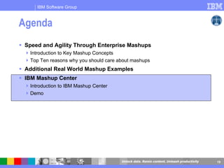 Agenda Speed and Agility Through Enterprise Mashups Introduction to Key Mashup Concepts Top Ten reasons why you should care about mashups Additional Real World Mashup Examples IBM Mashup Center Introduction to IBM Mashup Center Demo 