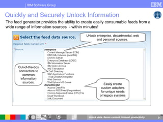 Quickly and Securely Unlock Information Unlock enterprise, departmental, web and personal sources.  Out-of-the-box connectors to common information sources. Easily create custom adapters for unique needs or legacy systems The feed generator provides the ability to create easily consumable feeds from a wide range of information sources  - within minutes!  