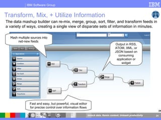 Transform, Mix, + Utilize Information Mash multiple sources into net-new feeds  Fast and easy, but powerful, visual editor for precise control over information flows Output in RSS, ATOM, XML, or JSON based on consuming application or widget The data mashup builder can re-mix, merge, group, sort, filter, and transform feeds in a variety of ways, creating a single view of disparate sets of information in minutes.  