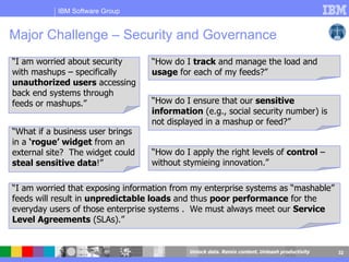Major Challenge – Security and Governance “ I am worried about security with mashups – specifically  unauthorized users  accessing back end systems through feeds or mashups.” “ I am worried that exposing information from my enterprise systems as “mashable” feeds will result in  unpredictable loads  and thus  poor performance  for the everyday users of those enterprise systems .  We must always meet our  Service Level Agreements  (SLAs).” “ How do I  track  and manage the load and  usage  for each of my feeds?”  “ How do I ensure that our  sensitive information  (e.g., social security number) is not displayed in a mashup or feed?” “ How do I apply the right levels of  control  – without stymieing innovation.” “ What if a business user brings in a  ‘rogue’ widget  from an external site?  The widget could  steal sensitive data !” 