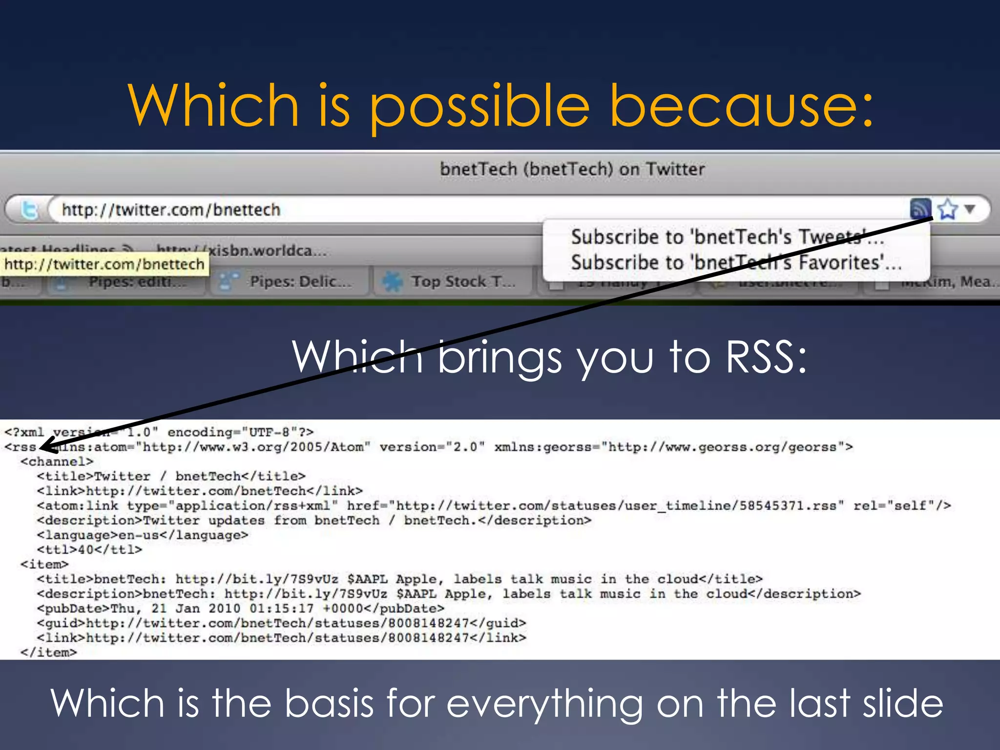 Which is possible because:Which brings you to RSS:Which is the basis for everything on the last slide