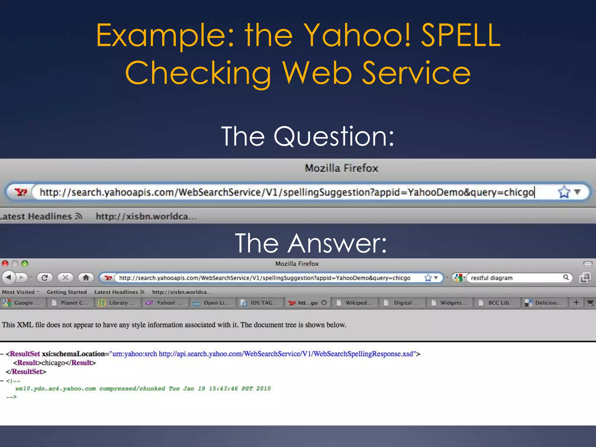 Example: the Yahoo! SPELL Checking Web ServiceThe Question:The Answer: