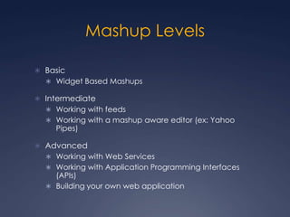 Mashup Levels,[object Object],Basic,[object Object],Widget Based Mashups,[object Object],Intermediate,[object Object],Working with feeds,[object Object],Working with a mashup aware editor (ex: Yahoo Pipes),[object Object],Advanced,[object Object],Working with Web Services,[object Object],Working with Application Programming Interfaces (APIs),[object Object],Building your own web application,[object Object]